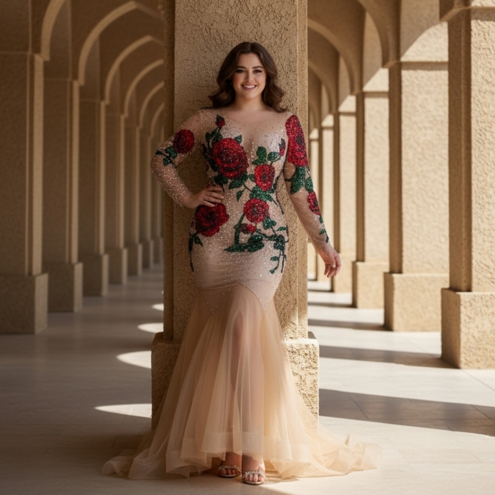 Elegant Floral Embellished Gown Sexy Lon Dress Beautiful Shining rhingtone